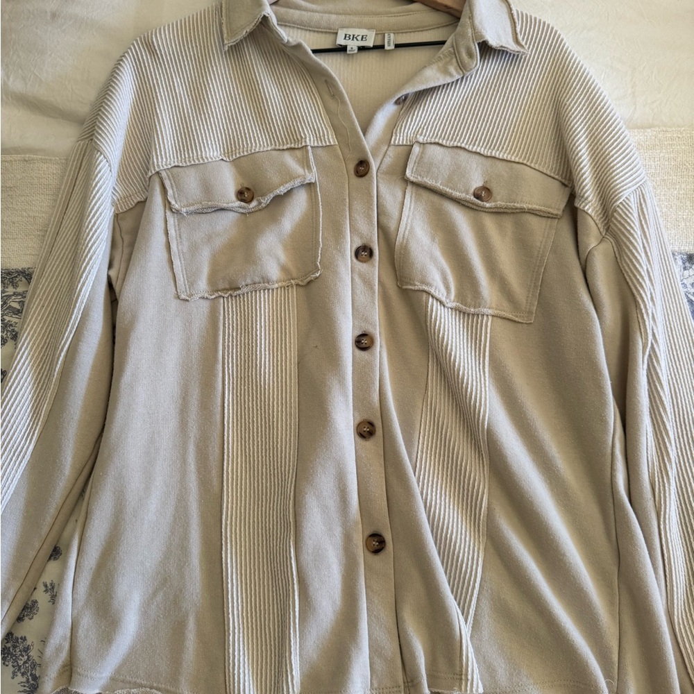 BKE Beige Ribbed Button-Up Shirt